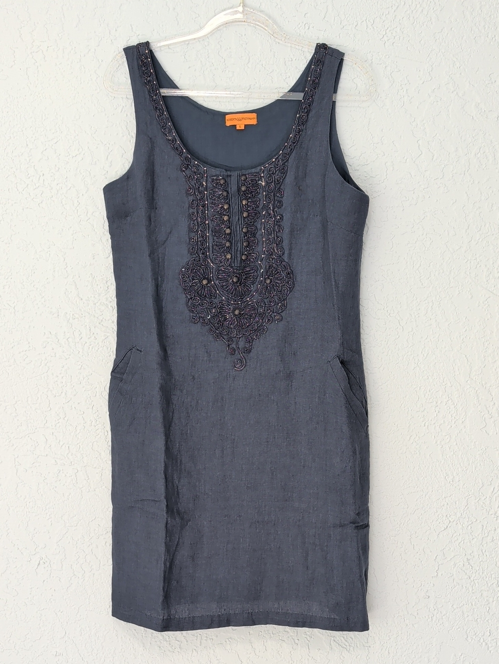 Roberta Freymann Linen Dress With Pockets - Navy Embellished Sleeveless | Size L